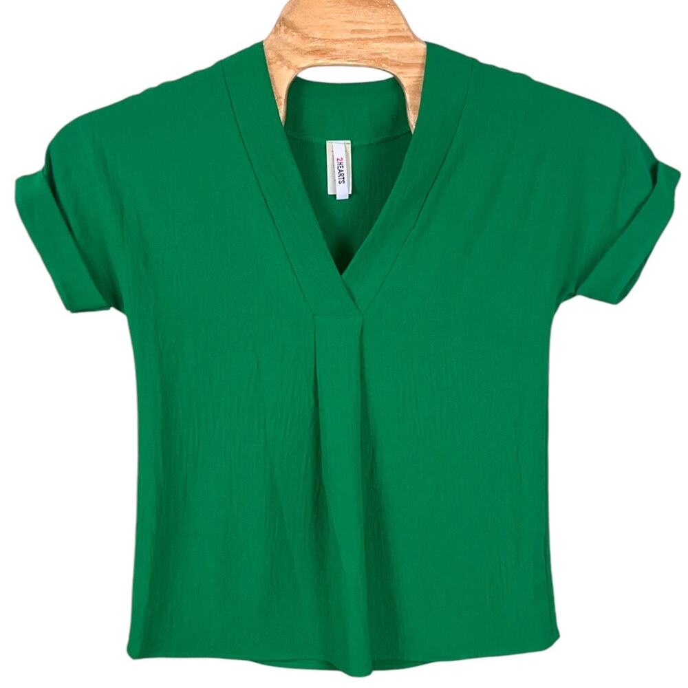 2 Hearts Casual V-Neck Pleat Folded Sleeve Pullover Top Green Women's Size Small